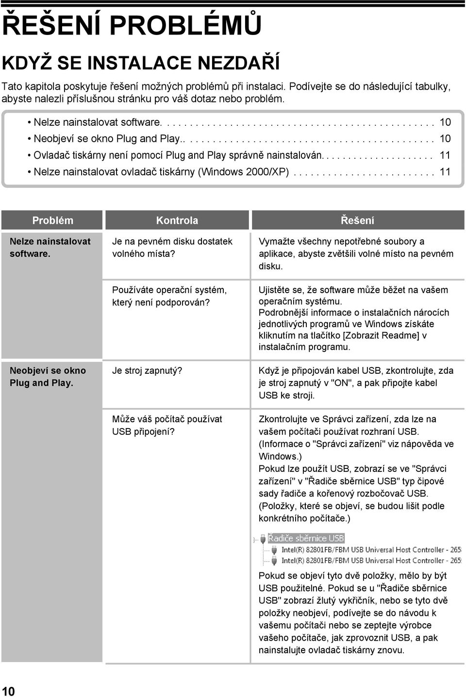 ............................................ 10 Ovladač tiskárny není pomocí Plug and Play správně nainstalován..................... 11 Nelze nainstalovat ovladač tiskárny (Windows 000/XP).