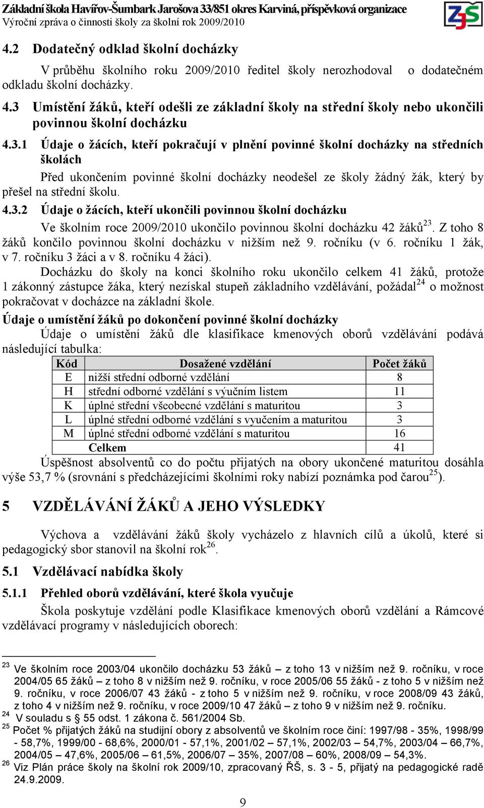 4.3.2 Údaje o žácích, kteří ukončili povinnou školní docházku Ve školním roce 2009/2010 ukončilo povinnou školní docházku 42 žáků 23. Z toho 8 žáků končilo povinnou školní docházku v nižším než 9.