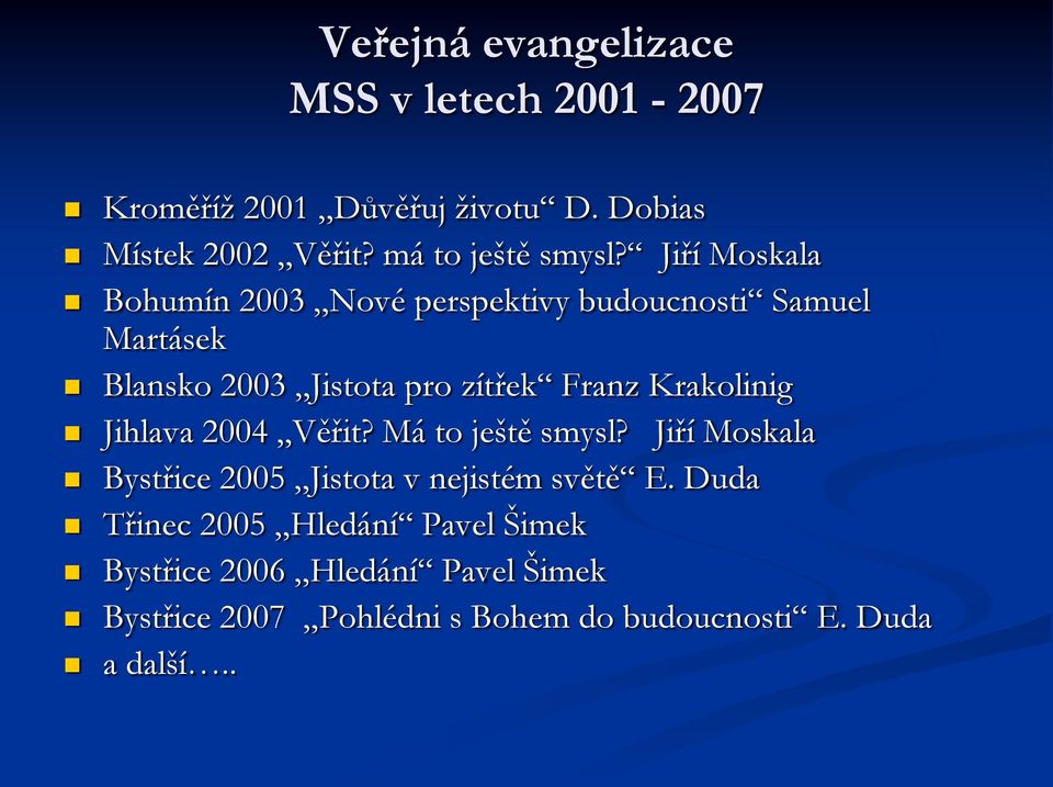 Jiří Moskala Bohumín 2003 Nové perspektivy budoucnosti Samuel Martásek Blansko 2003 Jistota pro zítřek Franz