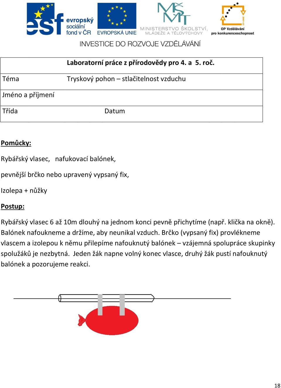 vypsaný fix, Izolepa + nůžky Postup: Rybářský vlasec 6 až 10m dlouhý na jednom konci pevně přichytíme (např. klička na okně).