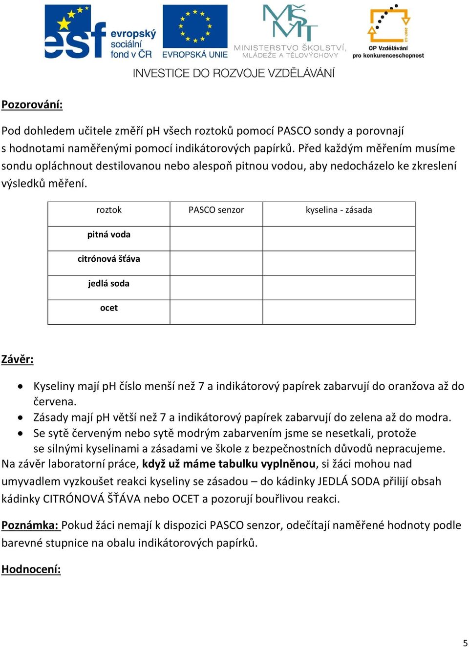 roztok PASCO senzor kyselina - zásada pitná voda citrónová šťáva jedlá soda ocet Závěr: Kyseliny mají ph číslo menší než 7 a indikátorový papírek zabarvují do oranžova až do červena.