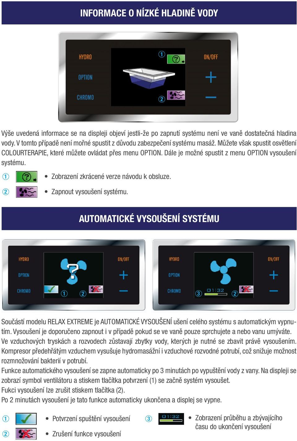 Dále je možné spustit z menu OPTION vysoušení systému. Zobrazení zkrácené verze návodu k obsluze. Zapnout vysoušení systému.