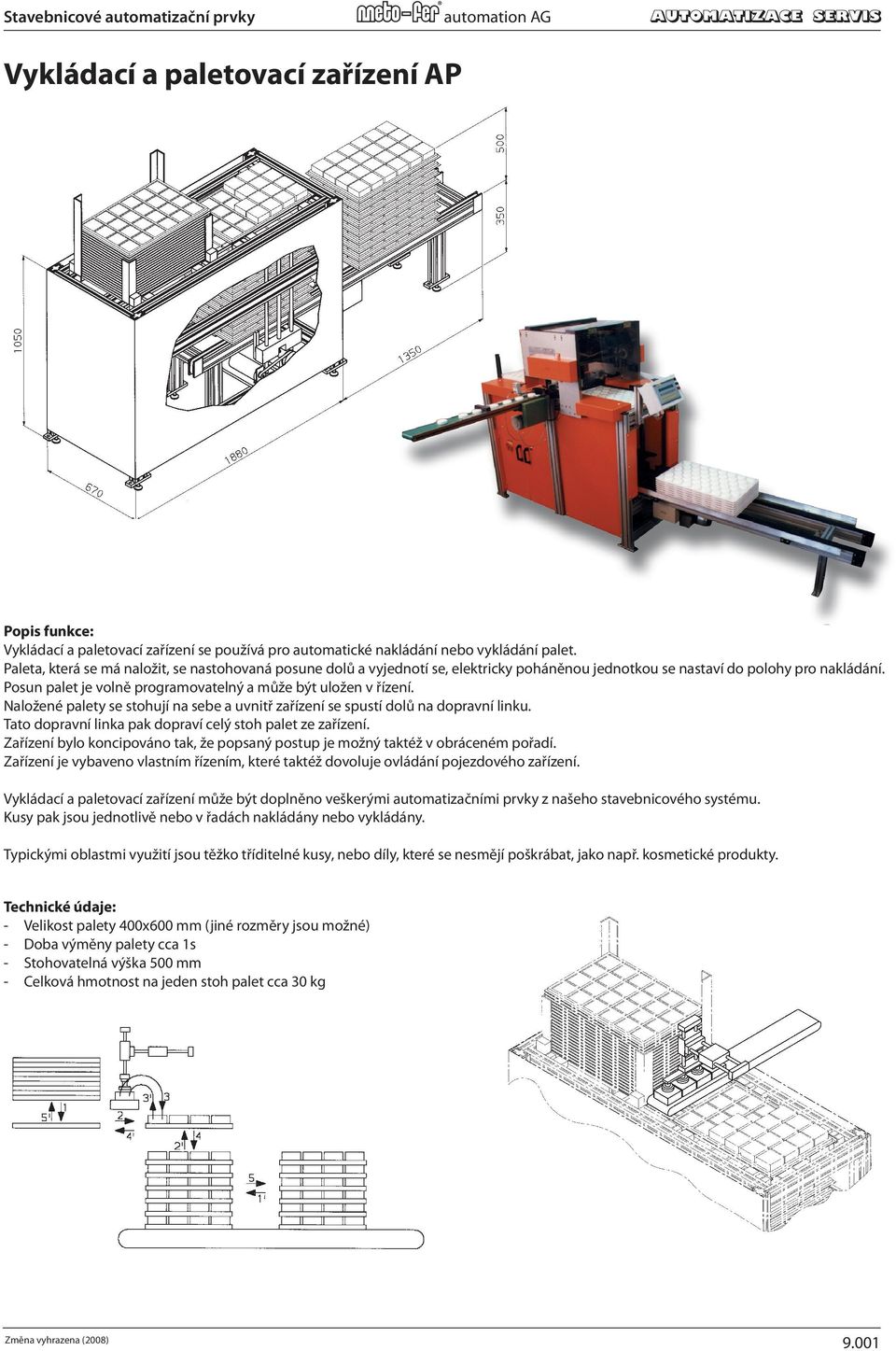 Paleta, The transfer která se and má naložit, tray storage se nastohovaná unit is posune used for dolů automatic a vyjednotí loading/unloading se, elektricky poháněnou of trays.