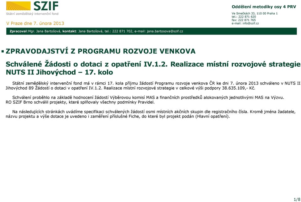 kolo Státní zemědělský intervenční fond má v rámci 17. kola příjmu žádostí Programu rozvoje venkova ČR ke dni 7. února 2013 schváleno v NUTS II Jihovýchod 89 Žádostí o dotaci v opatření IV.1.2. Realizace místní rozvojové strategie v celkové výši podpory 38.