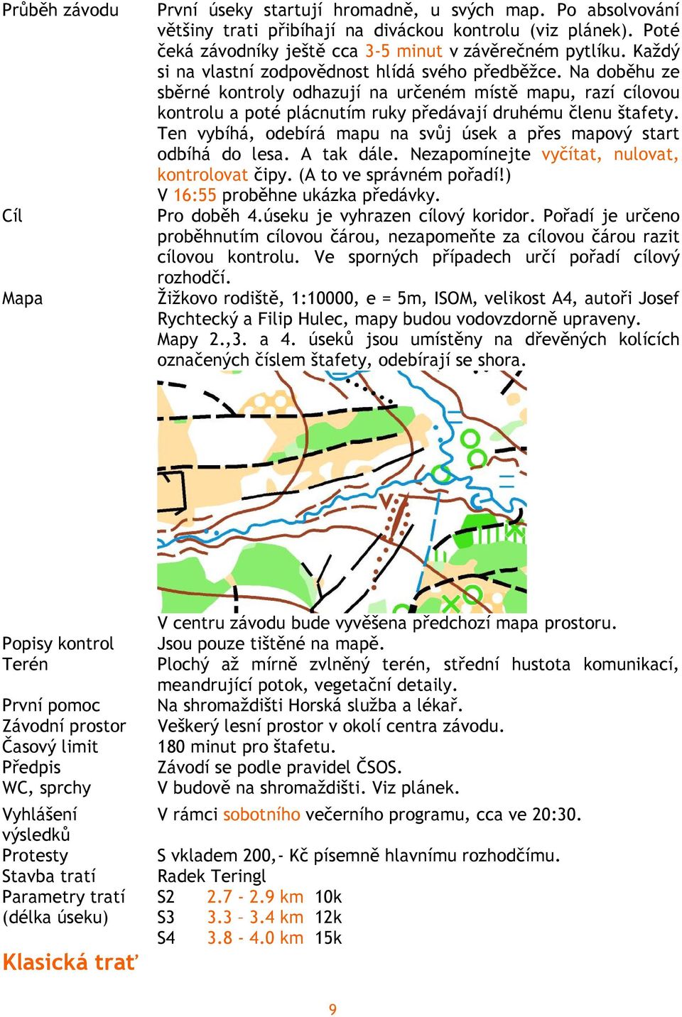 Na doběhu ze sběrné kontroly odhazují na určeném místě mapu, razí cílovou kontrolu a poté plácnutím ruky předávají druhému členu štafety.