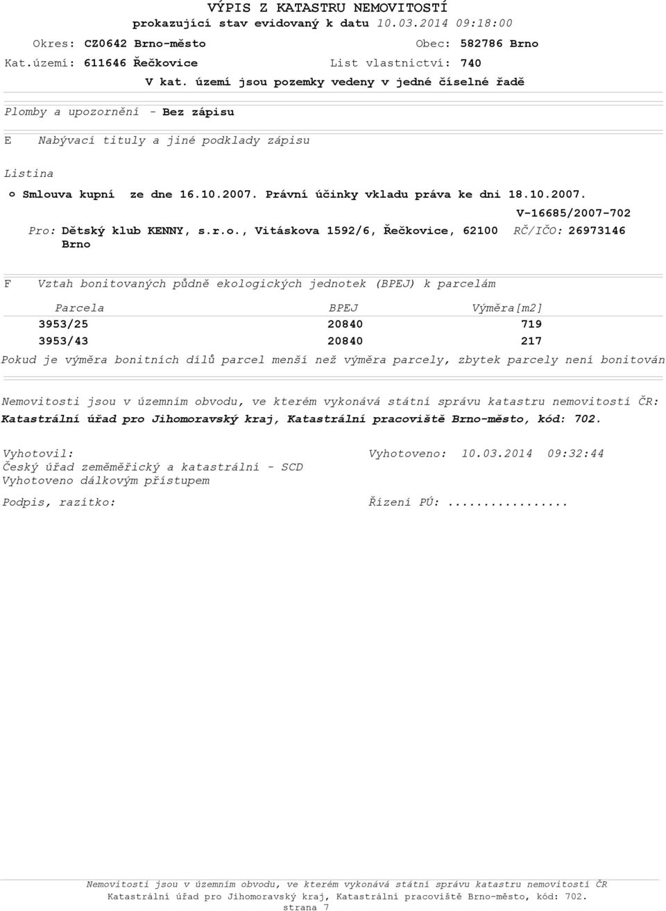 r.., Vitáskva 1592/6, Řečkvice, 62100 RČ/IČO: 26973146 Brn F Vztah bnitvaných půdně eklgických jedntek (BPEJ) k parcelám Parcela BPEJ Výměra[m2] 3953/25 20840 719 3953/43 20840 217 Pkud je výměra