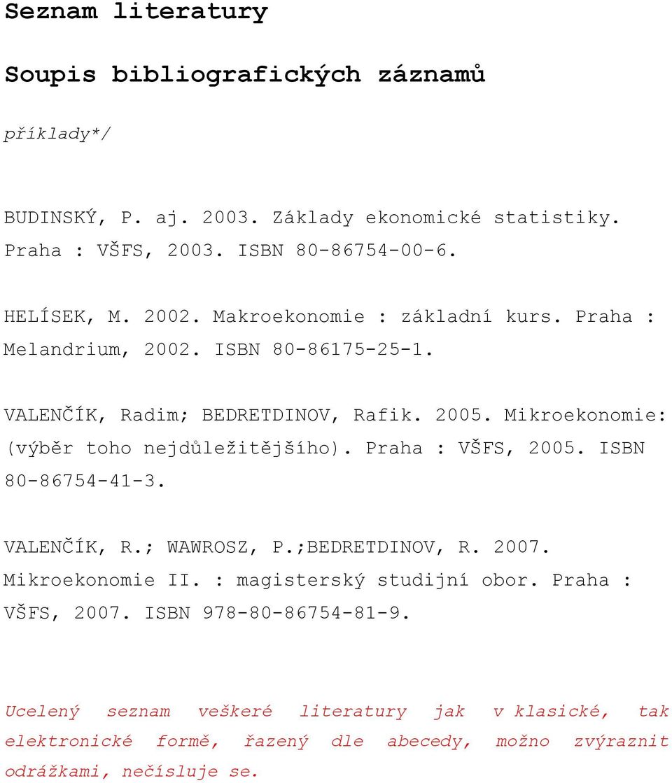 Mikroekonomie: (výběr toho nejdůležitějšího). Praha : VŠFS, 2005. ISBN 80-86754-41-3. VALENČÍK, R.; WAWROSZ, P.;BEDRETDINOV, R. 2007. Mikroekonomie II.