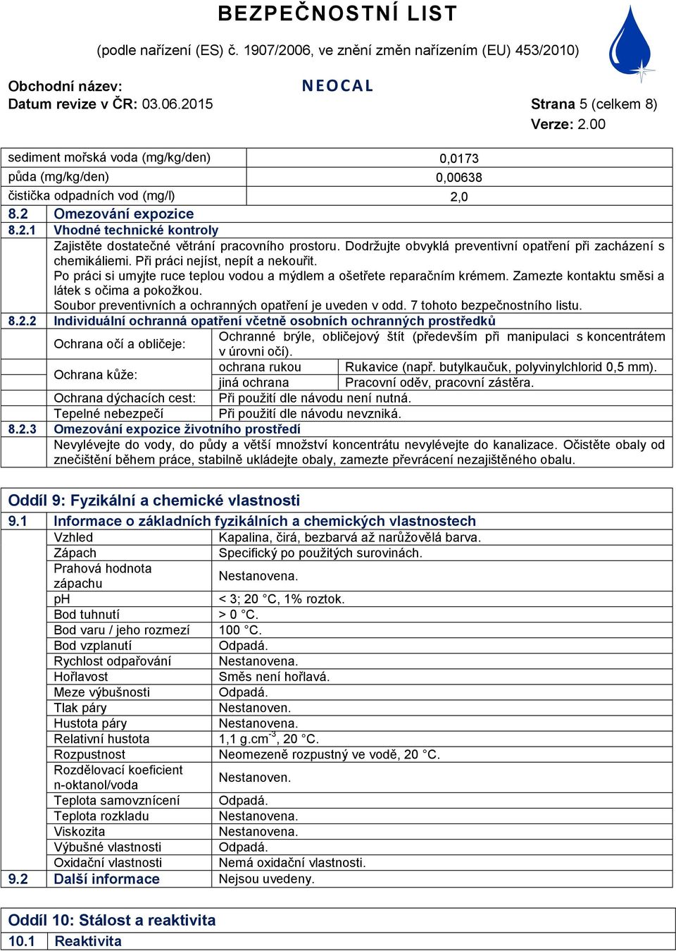 Zamezte kontaktu směsi a látek s očima a pokožkou. Soubor preventivních a ochranných opatření je uveden v odd. 7 tohoto bezpečnostního listu. 8.2.