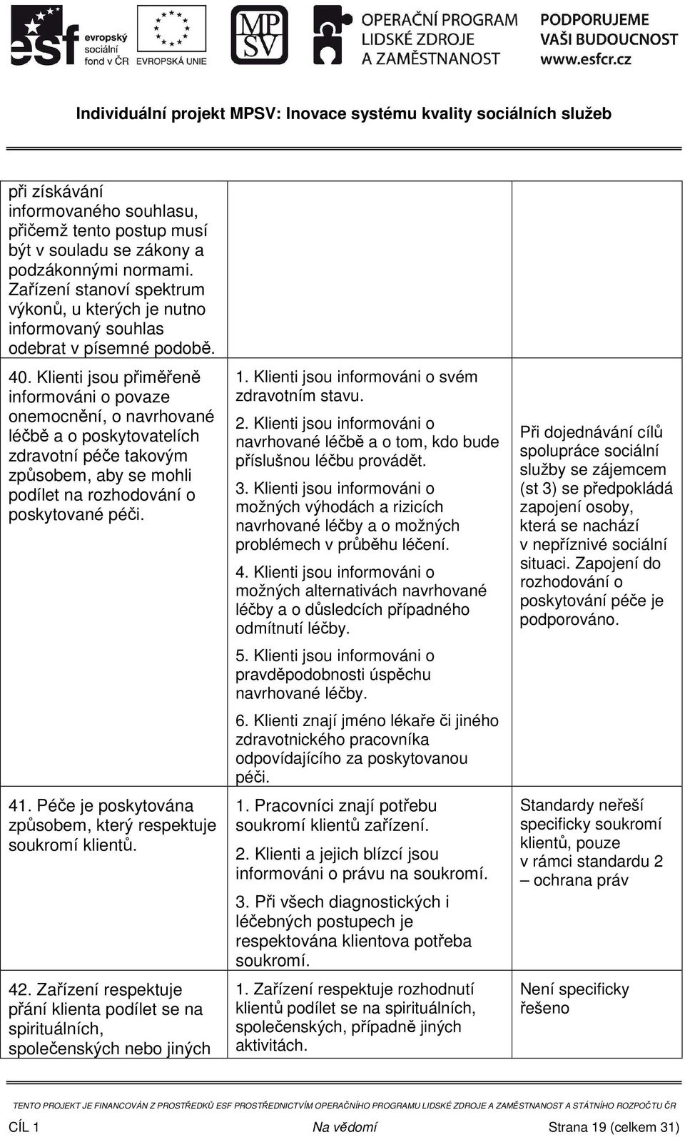 Klienti jsou přiměřeně informováni o povaze onemocnění, o navrhované léčbě a o poskytovatelích zdravotní péče takovým způsobem, aby se mohli podílet na rozhodování o poskytované péči. 41.