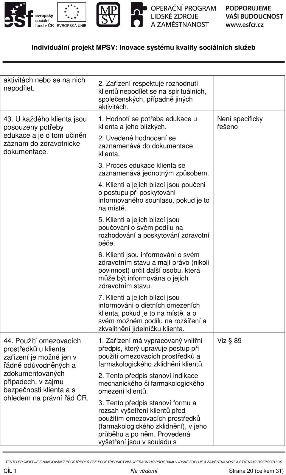 Zařízení respektuje rozhodnutí klientů nepodílet se na spirituálních, společenských, případně jiných aktivitách. 1. Hodnotí se potřeba edukace u klienta a jeho blízkých. 2.