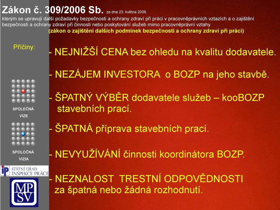 při činnosti nebo poskytování služeb mimo pracovněprávní vztahy (zákon o zajištění dalších podmínek bezpečnosti a ochrany zdraví při práci) Příčiny: -