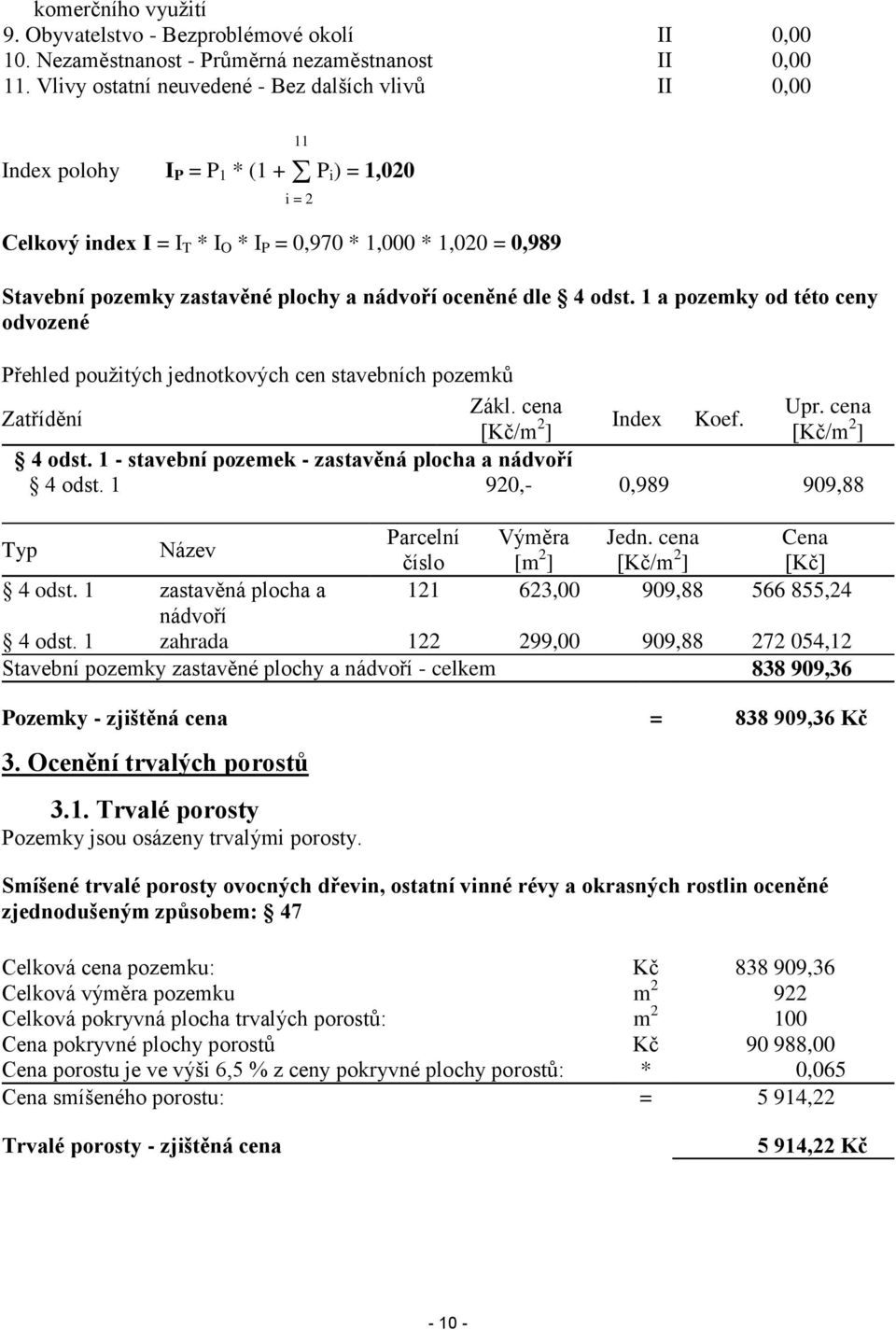 plochy a nádvoří oceněné dle 4 odst. 1 a pozemky od této ceny odvozené Přehled použitých jednotkových cen stavebních pozemků Zákl. cena Upr. cena Zatřídění [Kč/m 2 Index Koef. ] [Kč/m 2 ] 4 odst.