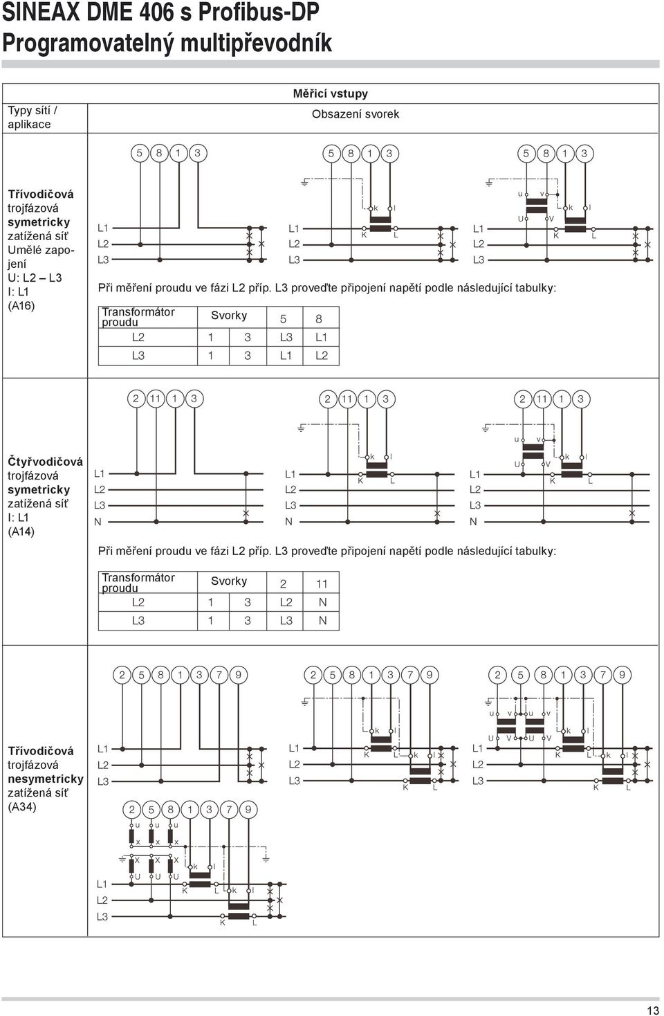 L3 proveďte připojení napětí podle následující tabulky: Transformátor proudu Svorky Čtyřvodičová trojfázová symetricky