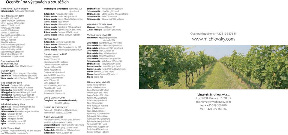 2005 výběr z hroznů Merlot 2005 pozdní sběr Pálava 2006 pozdní sběr Rulandské modré 2005 výběr z hroznů Rulandské modré 2006 pozdní sběr Rulandské šedé 2006 pozdní sběr Svatovavřinecké 2006 kabinetní