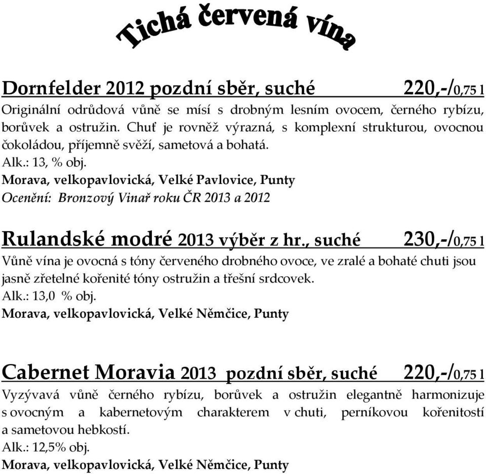 Morava, velkopavlovická, Velké Pavlovice, Punty Ocenění: Bronzový Vinař roku ČR 2013 a 2012 Rulandské modré 2013 výběr z hr.