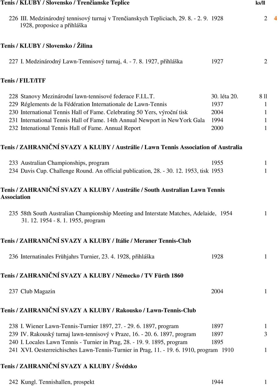 1927, přihláška 1927 2 Tenis / FILT/ITF 228 Stanovy Mezinárodní lawn-tennisové federace F.I.L.T. 30. léta 20.