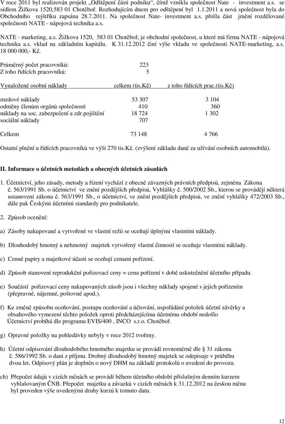 s. vklad na základním kapitálu. K 31.12.2012 činí výše vkladu ve společnosti NATE-marketing, a.s. 18 000 000,- Kč.