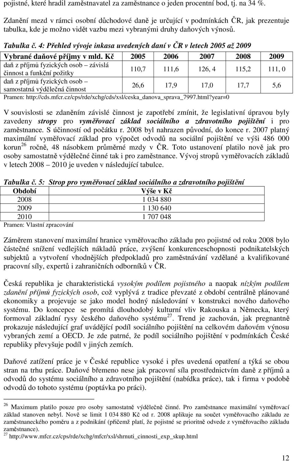 4: Přehled vývoje inkasa uvedených daní v ČR v letech 2005 až 2009 Vybrané daňové příjmy v mld.