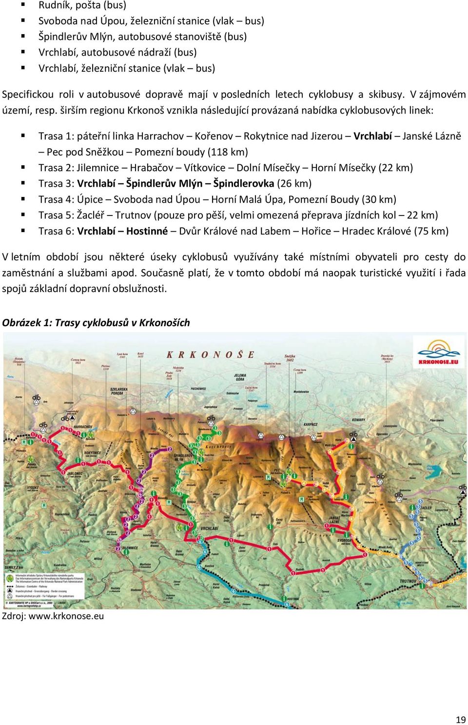 širším regionu Krkonoš vznikla následující provázaná nabídka cyklobusových linek: Trasa 1: páteřní linka Harrachov Kořenov Rokytnice nad Jizerou Vrchlabí Janské Lázně Pec pod Sněžkou Pomezní boudy