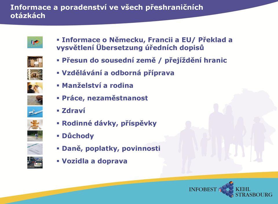 Vzdělávání a odborná příprava Manželství a rodina Práce, nezaměstnanost Zdraví Rodinné dávky,