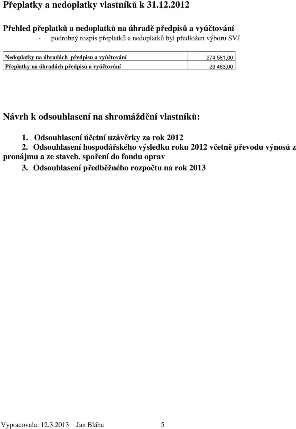 na úhradách předpisů a vyúčtování 274 581,00 Přeplatky na úhradách předpisů a vyúčtování 23 463,00 Návrh k odsouhlasení na shromáždění