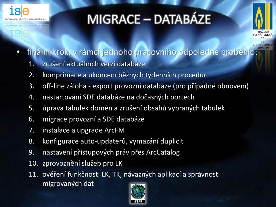 nastartování SDE databáze na dočasných portech 5. úprava tabulek domén a zrušení obsahů vybraných tabulek 6. migrace provozní a SDE databáze 7.