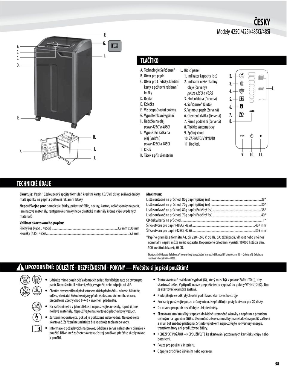 Řídicí panel. Indikátor kapacity listů. Indikátor nízké hladiny oleje (červený) pouze 45Ci a 485Ci. Plná nádoba (červená) 4. SafeSense (žlutá) 5. Vyjmout papír (červená) 6.