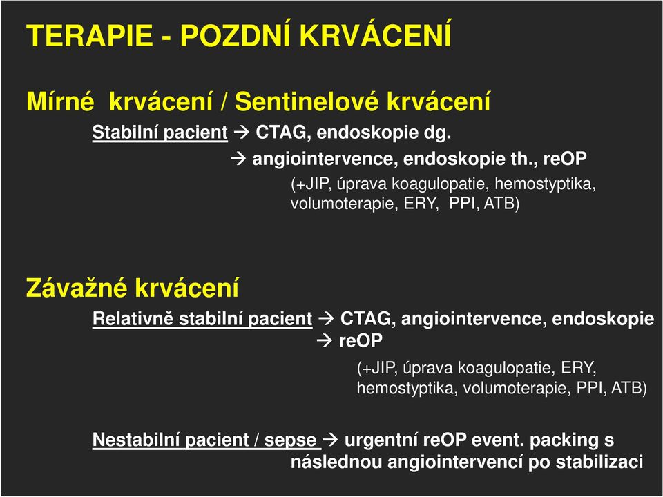 , reop (+JIP, úprava koagulopatie, hemostyptika, volumoterapie, ERY, PPI, ATB) Závažné krvácení Relativně stabilní