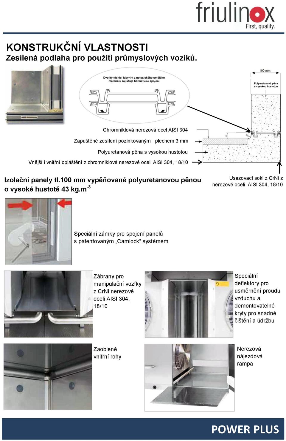 oceli AISI 304, 18/10 Izolační panely tl.100 mm vypěňované polyuretanovou pěnou o vysoké hustotě 43 kg.