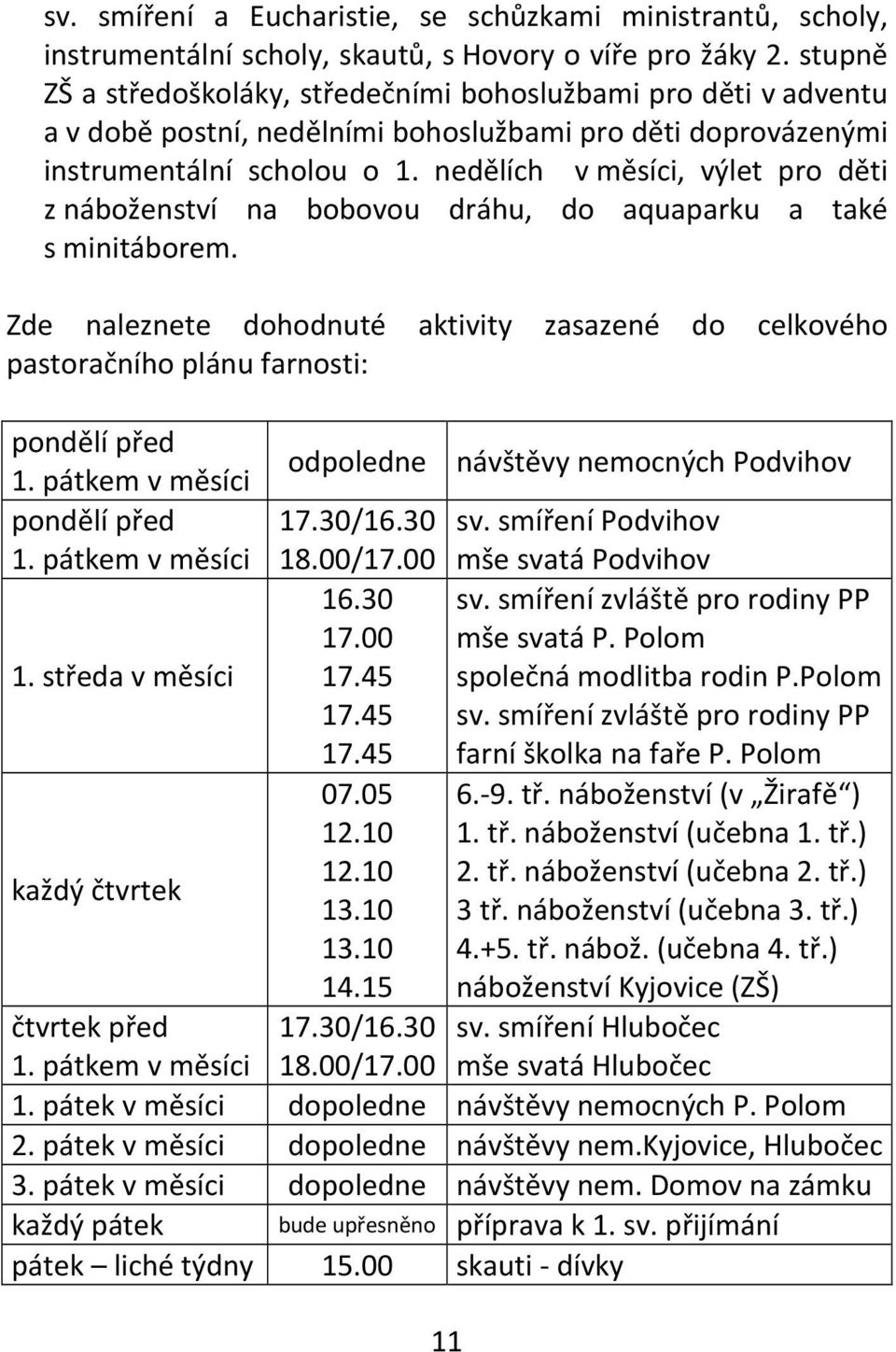 nedělích v měsíci, výlet pro děti z náboženství na bobovou dráhu, do aquaparku a také s minitáborem. Zde naleznete dohodnuté aktivity zasazené do celkového pastoračního plánu farnosti: pondělí před 1.