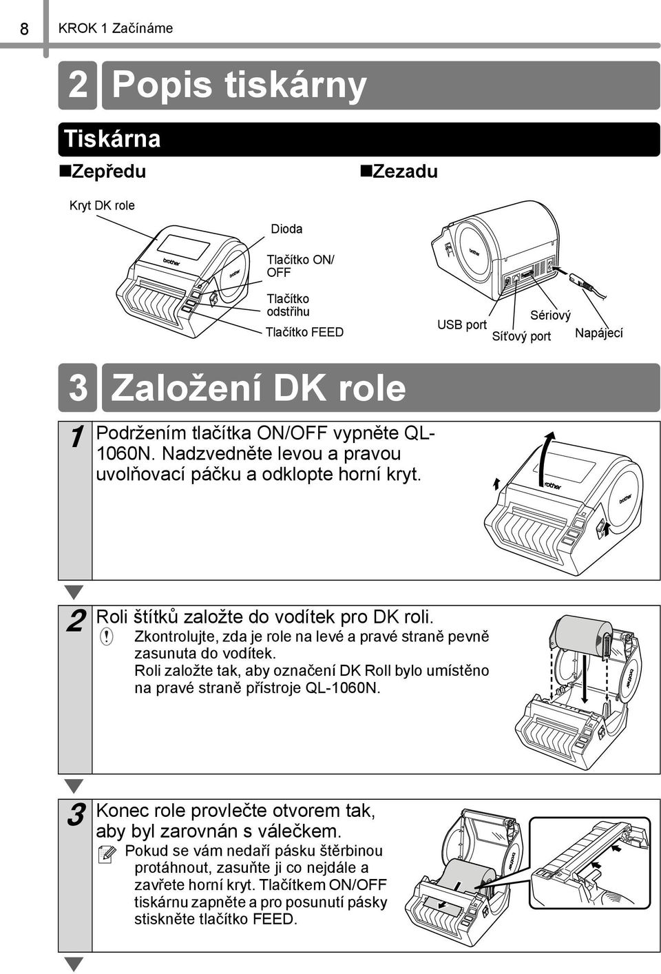 Zkontrolujte, zda je role na levé a pravé straně pevně zasunuta do vodítek. Roli založte tak, aby označení DK Roll bylo umístěno na pravé straně přístroje QL-060N.