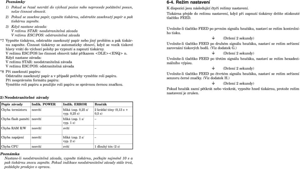3) Když nastane závada: V režimu STAR: neodstranitelná závada V režimu ESC/POS: odstranitelná závada *7 Vypněte tiskárnu, odstraňte zaseknutý papír nebo jiný problém a pak tiskárnu zapněte.