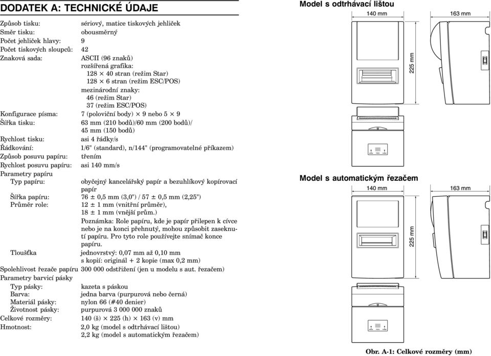 mm (200 bodů)/ 45 mm (150 bodů) Rychlost tisku: asi 4 řádky/s Řádkování: 1/6" (standard), n/144" (programovatelné příkazem) Způsob posuvu papíru: třením Rychlost posuvu papíru: asi 140 mm/s Parametry