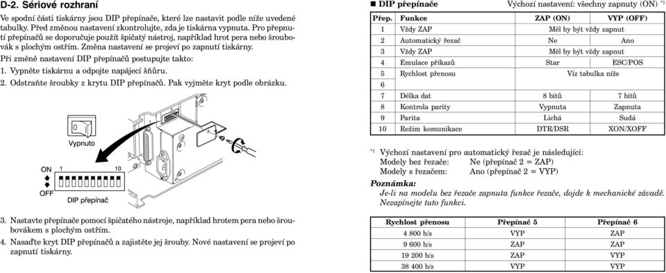 Při změně nastavení DIP přepínačů postupujte takto: 1. Vypněte tiskárnu a odpojte napájecí šňůru. 2. Odstraňte šroubky z krytu DIP přepínačů. Pak vyjměte kryt podle obrázku.