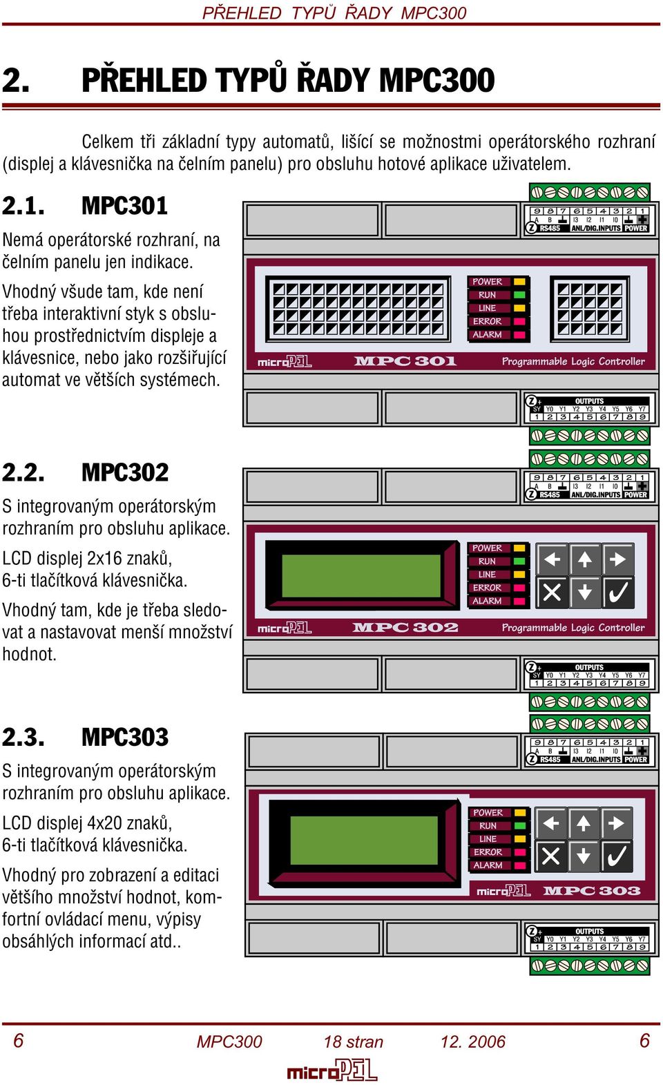 MPC301 Nemá operátorské rozhraní, na èelním panelu jen indikace.