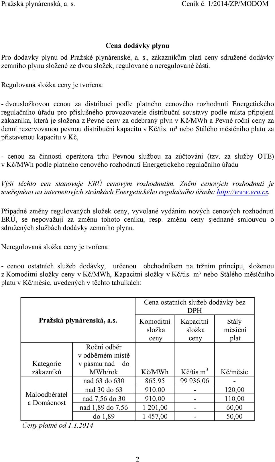 zákazníka, která je složena z Pevné za odebraný plyn v Kč/MWh a Pevné roční za denní rezervovanou pevnou distribuční kapacitu v Kč/tis.