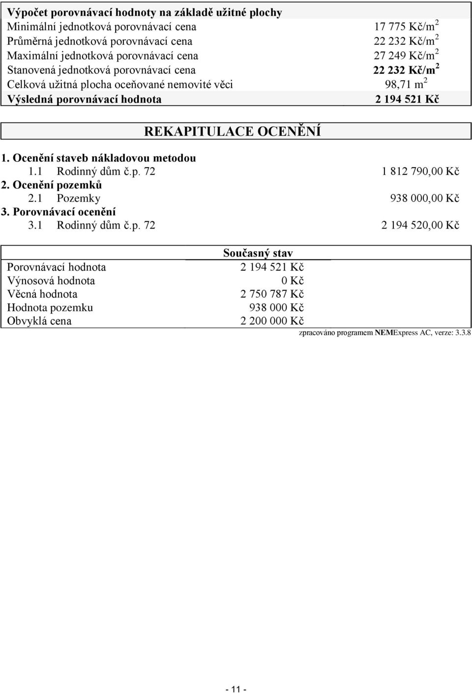 Ocenění staveb nákladovou metodou 1.1 Rodinný dům č.p.