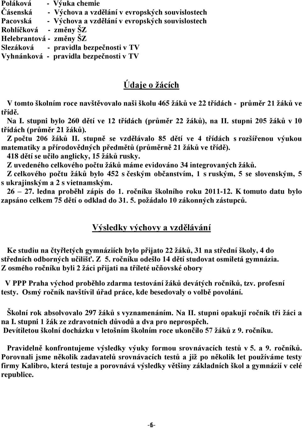 stupni bylo 260 dětí ve 12 třídách (průměr 22 žáků), na II. stupni 205 žáků v 10 třídách (průměr 21 žáků). Z počtu 206 žáků II.