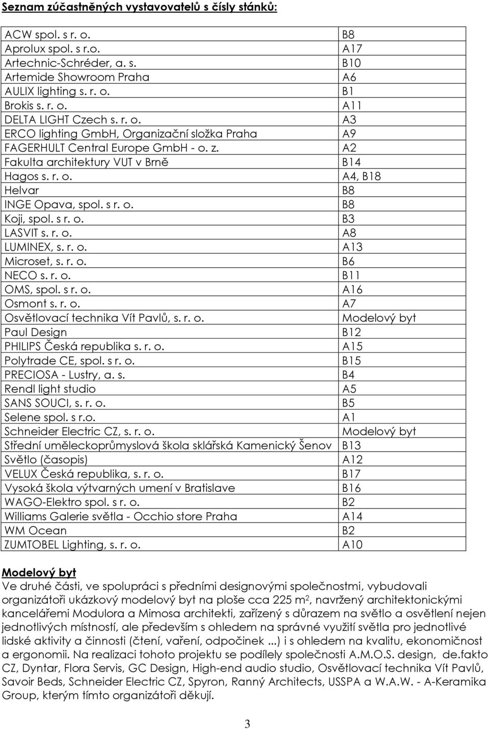 s r. o. B3 LASVIT s. r. o. A8 LUMINEX, s. r. o. A13 Microset, s. r. o. B6 NECO s. r. o. B11 OMS, spol. s r. o. A16 Osmont s. r. o. A7 Osvětlovací technika Vít Pavlů, s. r. o. Paul Design B12 PHILIPS Česká republika s.