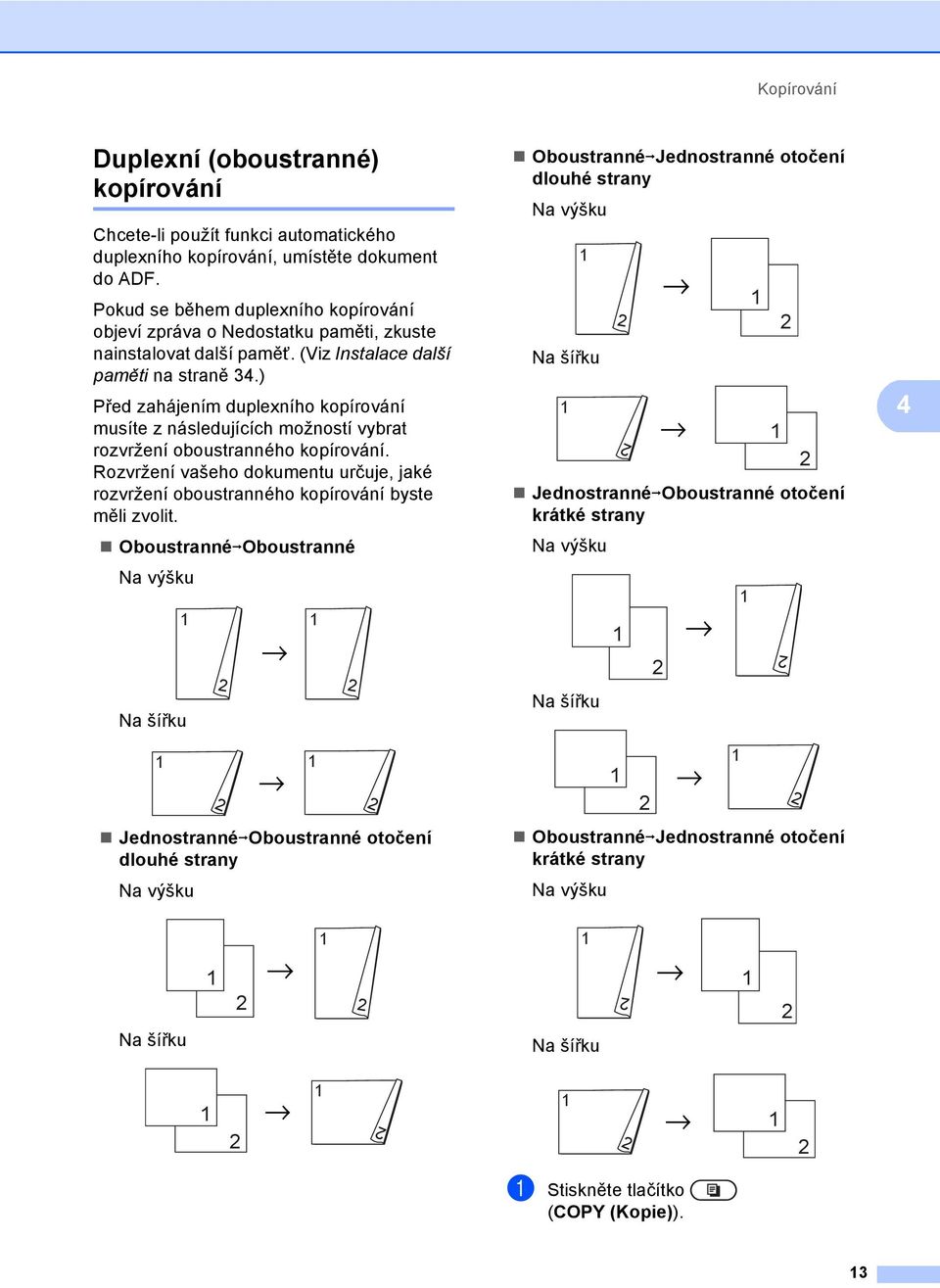 ) Před zahájením duplexního kopírování musíte z následujících možností vybrat rozvržení oboustranného kopírování.