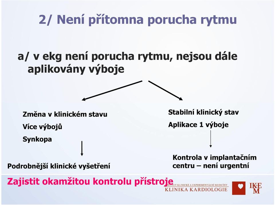 Podrobnější klinické vyšetření Stabilní klinický stav Aplikace 1 výboje