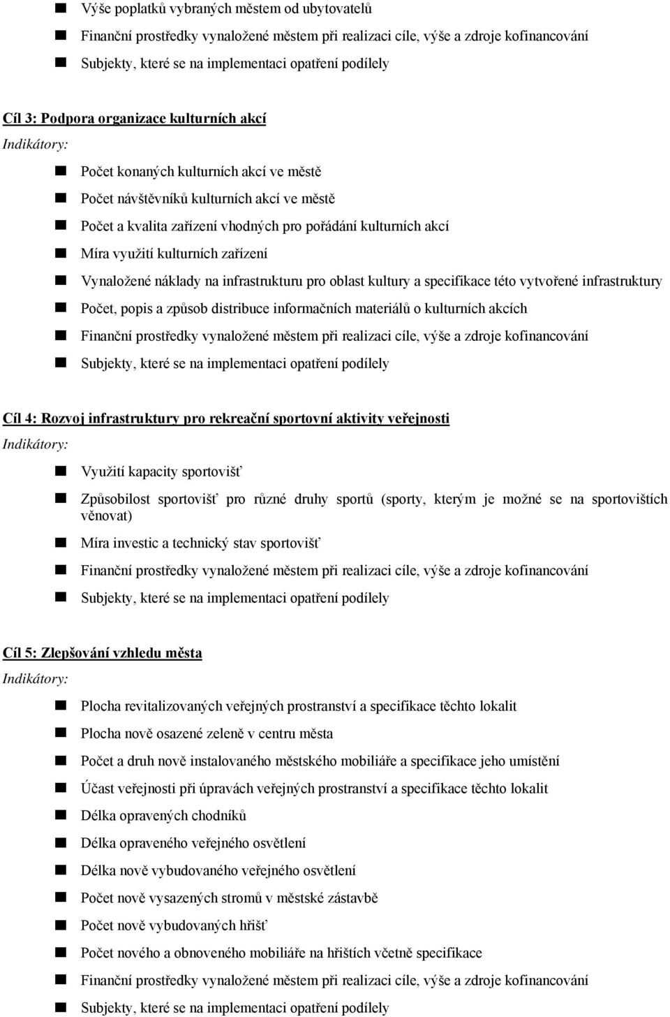 distribuce informačních materiálů o kulturních akcích Cíl 4: Rozvoj infrastruktury pro rekreační sportovní aktivity veřejnosti Využití kapacity sportovišť Způsobilost sportovišť pro různé druhy