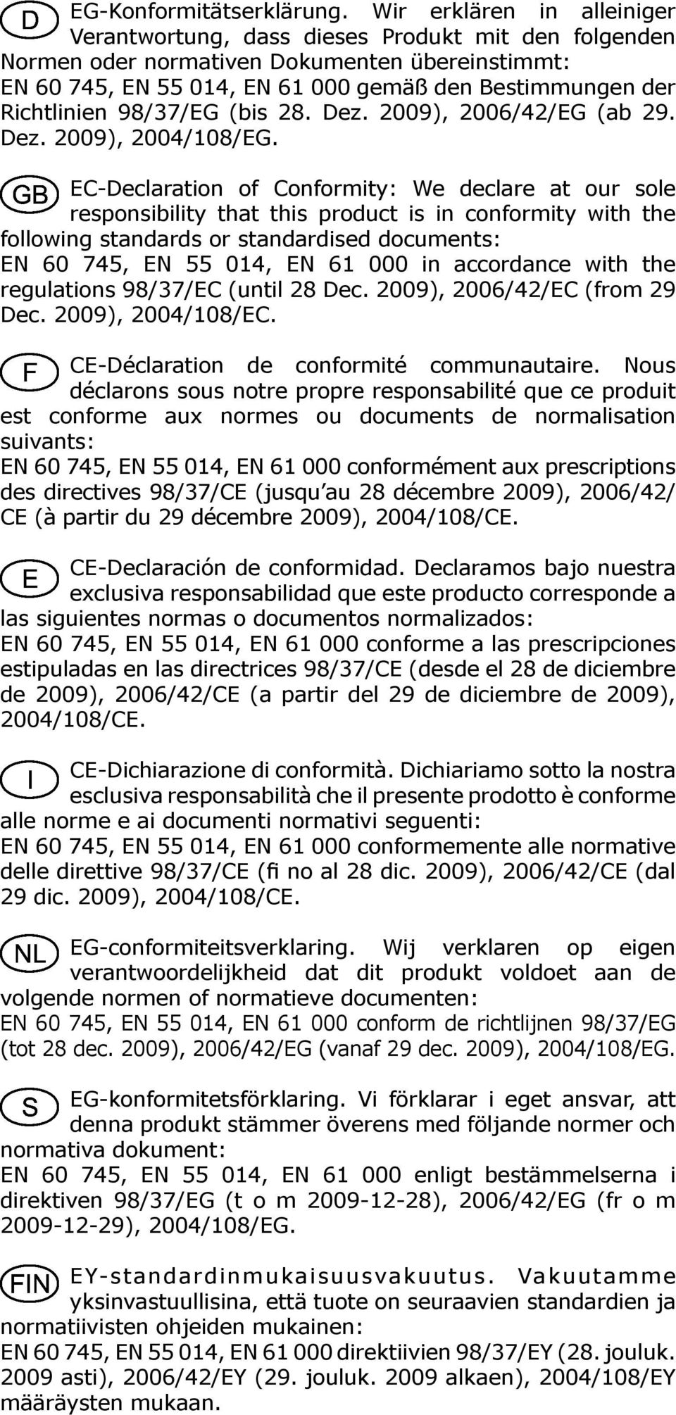 98/37/EG (bis 28. Dez. 2009), 2006/42/EG (ab 29. Dez. 2009), 2004/108/EG.