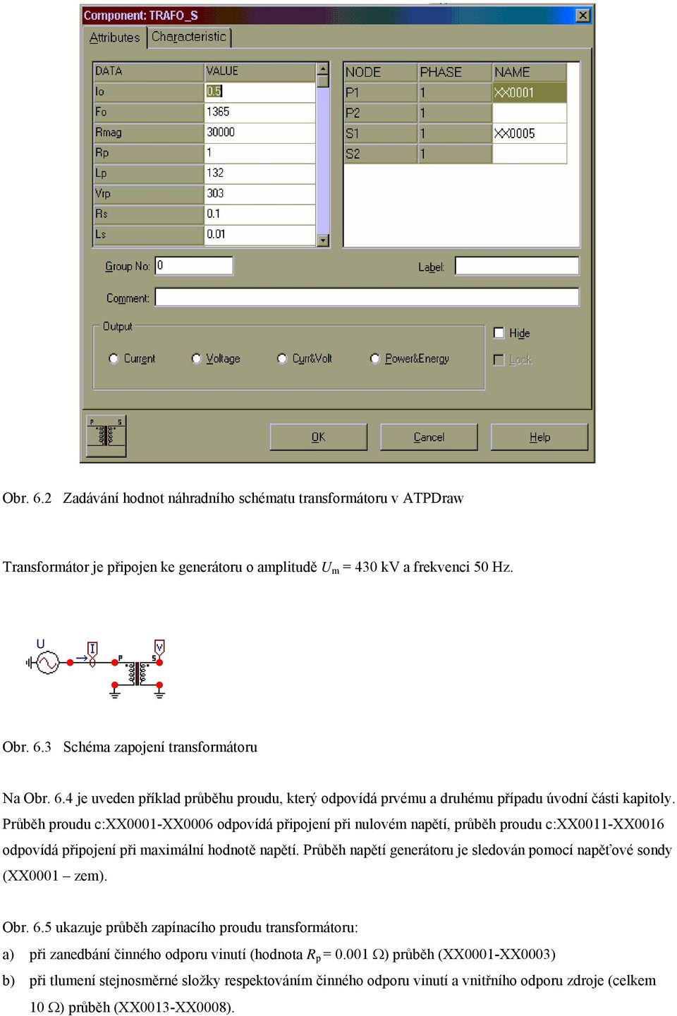 Průběh proudu c:xx000-xx0006 odpovídá připojení při nulovém napětí, průběh proudu c:xx00-xx006 odpovídá připojení při maximální hodnotě napětí.