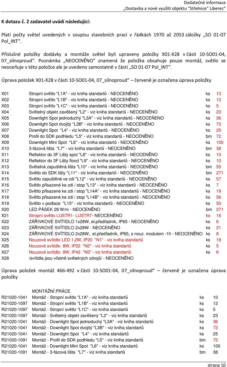 Poznámka NEOCENĚNO znamená že položka obsahuje pouze montáž, světlo se neoceňuje v této položce ale je uvedeno samostatně v části SO 01-07 Pol_INT.