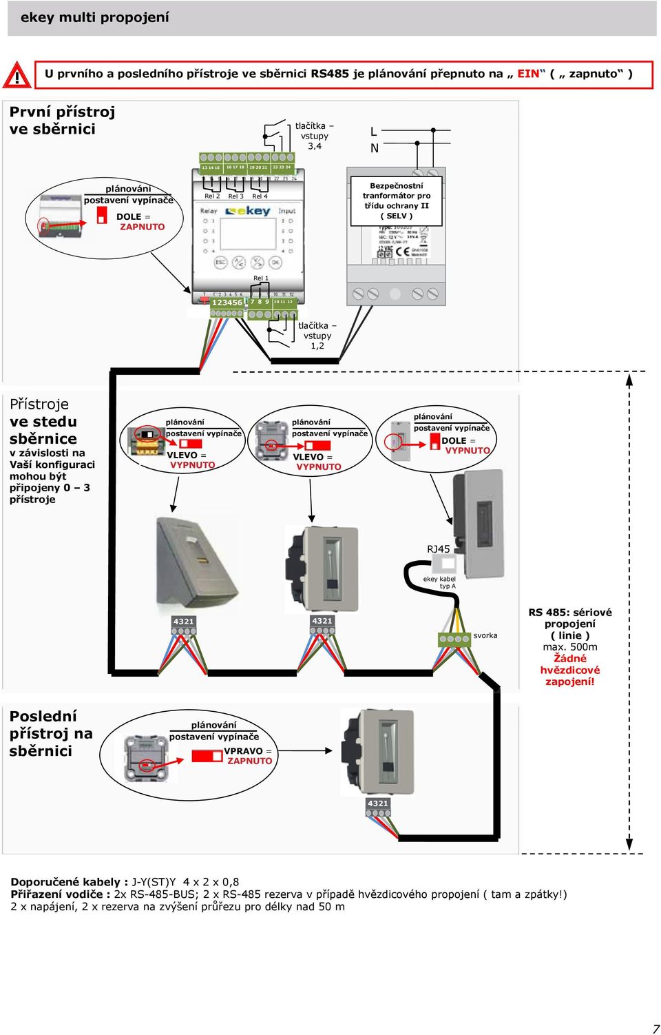 být připojeny 0 3 přístroje vlevo = vypnuto vlevo = vypnuto dole = vypnuto RJ45 ekey kabel typ A 4321 4 4321 4 svorka RS 485: sériové propojení ( linie ) max. 500m Žádné hvězdicové zapojení!