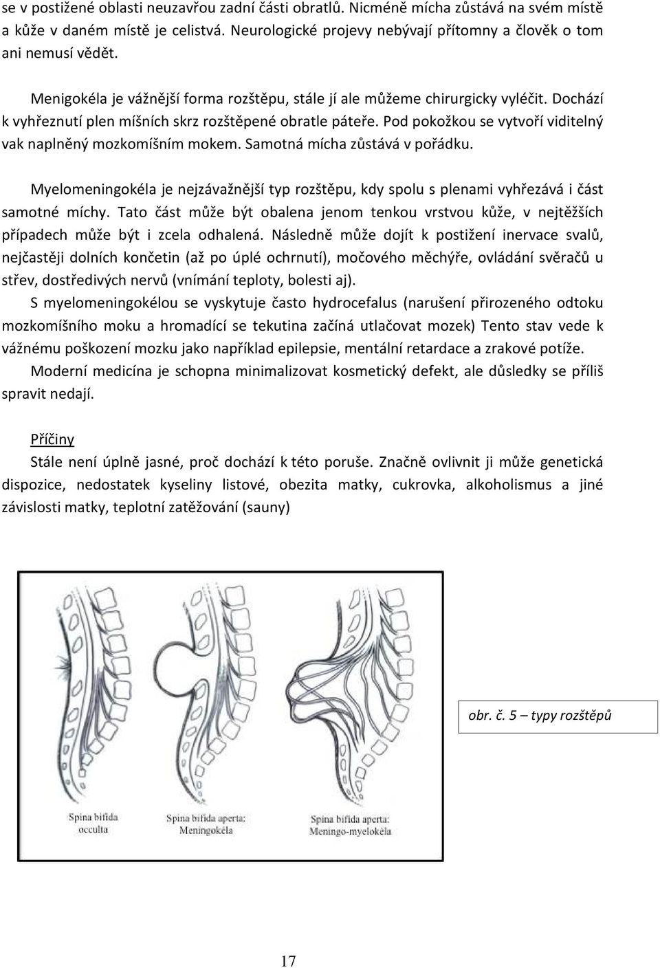 Pod pokožkou se vytvoří viditelný vak naplněný mozkomíšním mokem. Samotná mícha zůstává v pořádku. Myelomeningokéla je nejzávažnější typ rozštěpu, kdy spolu s plenami vyhřezává i část samotné míchy.