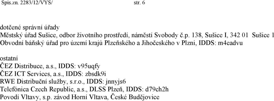 ostatní ČEZ Distribuce, a.s., IDDS: v95uqfy ČEZ ICT Services, a.s., IDDS: zbsdk9i RWE Distribuční služby, s.r.o., IDDS: jnnyjs6 Telefónica Czech Republic, a.