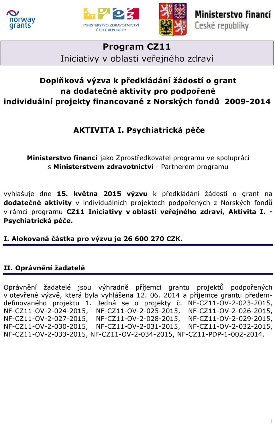 května 2015 výzvu k předkládání žádostí o grant na dodatečné aktivity v individuálních projektech podpořených z Norských fondů v rámci programu CZ11 Iniciativy v oblasti veřejného zdraví, Aktivita I.