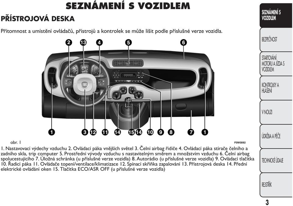 Prostřední vývody vzduchu s nastavitelným směrem a množstvím vzduchu 6. Čelní airbag spolucestujícího 7. Úložná schránka (u příslušné verze vozidla) 8.